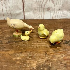 Vintage Ceramic and Wood chick, duck, goose figurines 4 total